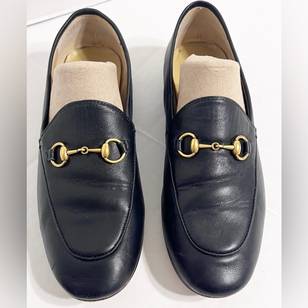 GUCCI Calfskin Jordaan Black Leather Loafers Horsebit Gold Hardware Size 38 - Picture 5 of 10
